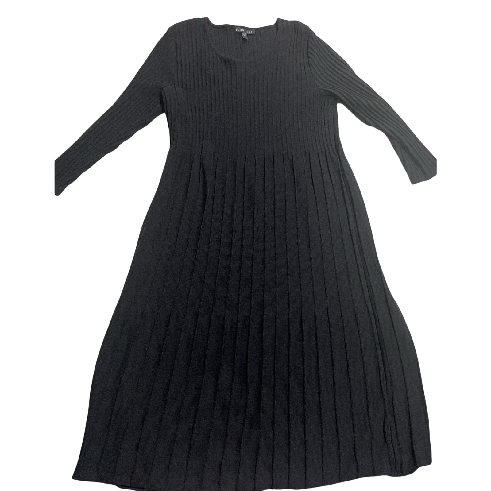Eileen Fisher Women's Size Small Ribbed Pleated 100% Wool Midi Dress Black